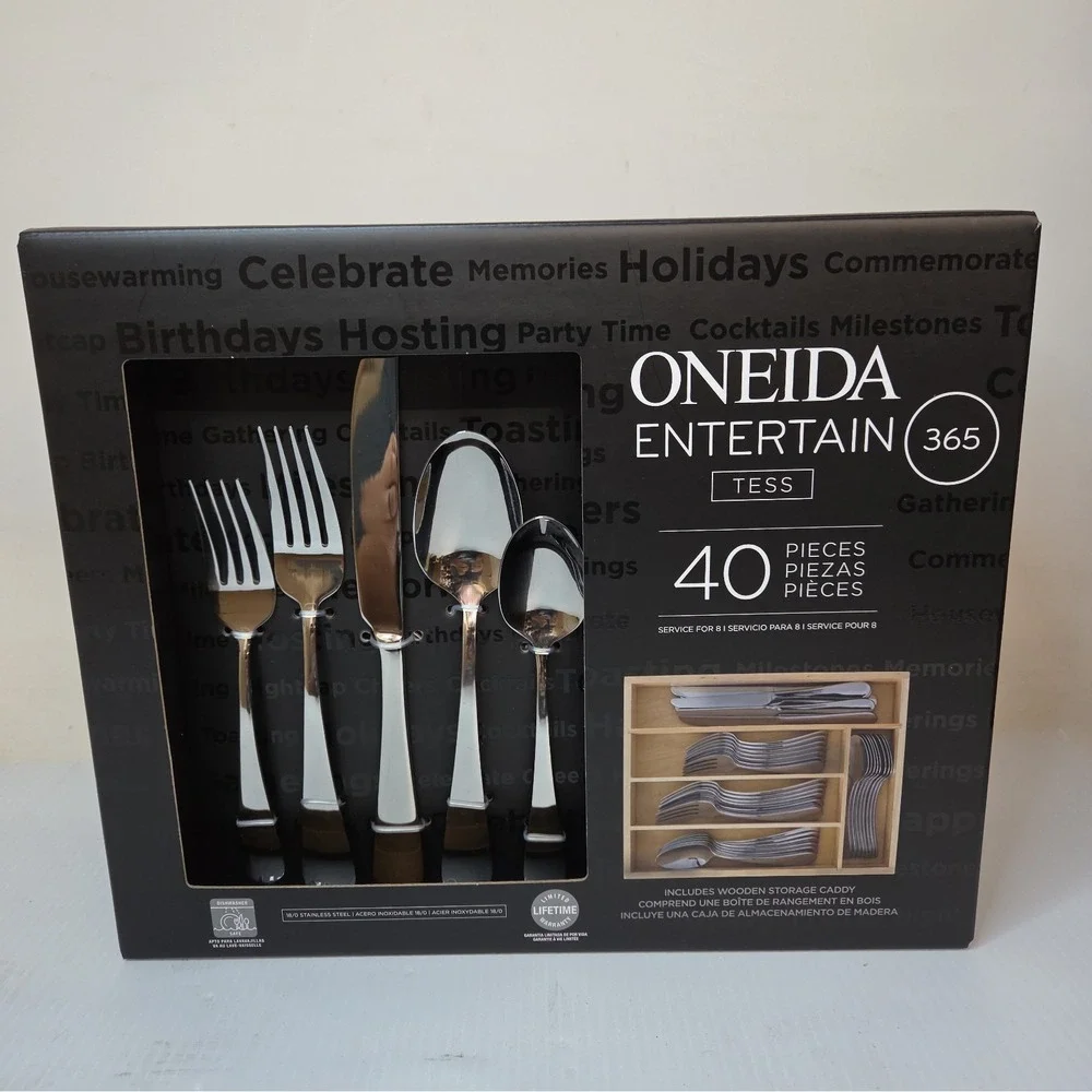 Oneida Entertain Tess Stainless Steel 40pc Flatware Set Service for 8 with Caddy